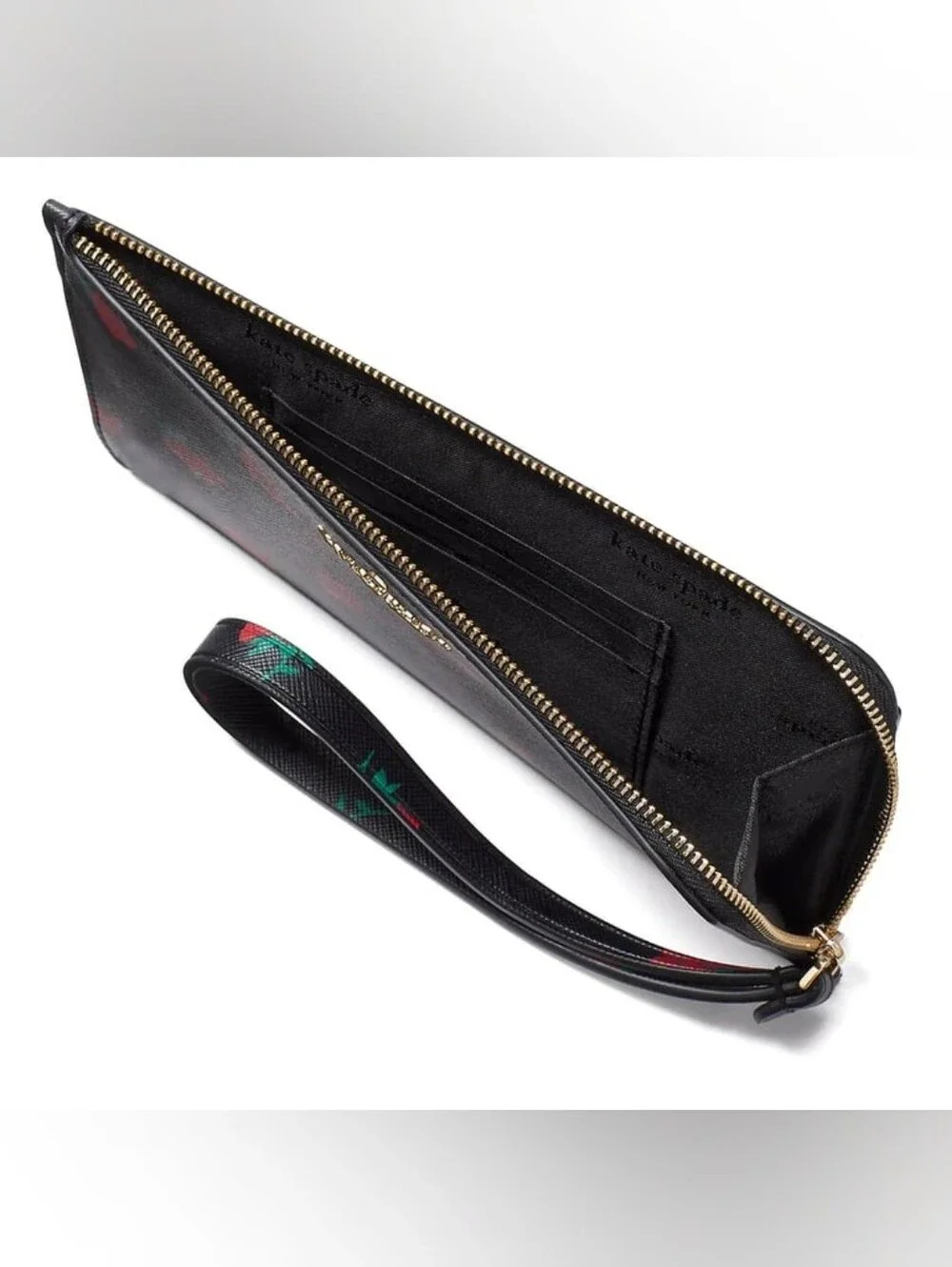 Kate Spade Black Floral Zip Wristlet with Red Roses